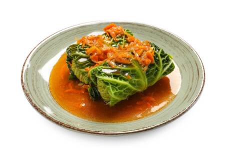 Plate,With,Stuffed,Cabbage,Leaves,With,Tomato,Sauce,On,White