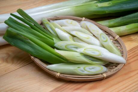 Fresh,Japanese,Bunching,Onion,On,Bamboo,Basket,,Green,Japanese,Spring