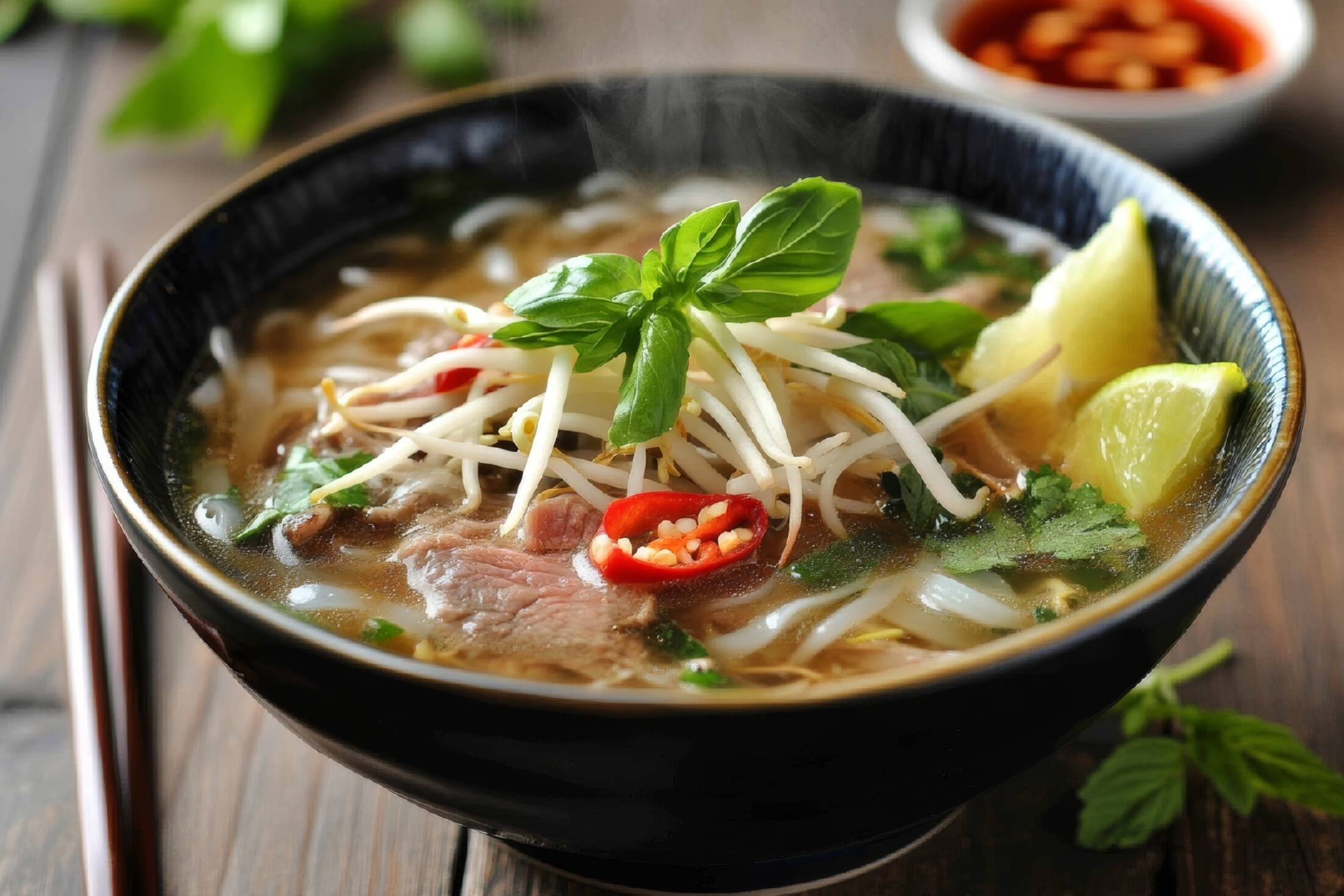 Vietnamese,Pho,With,Beef,,Bean,Sprouts,,And,Basil