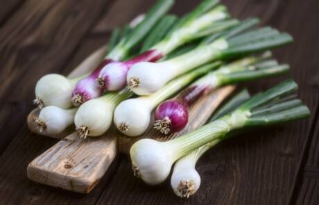 Spring,Onion,Bunch,On,Small,Wooden,Board,,Rustic,Background.,Organic